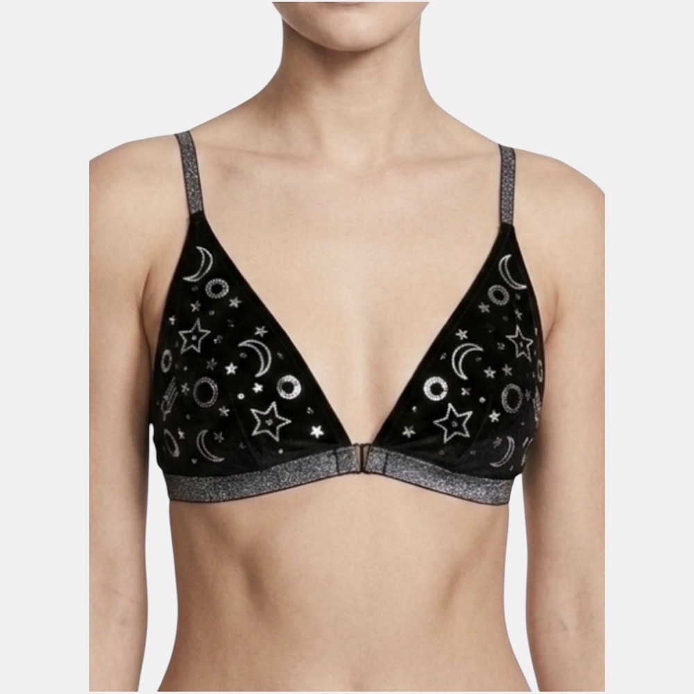 Victoria's Secret Celestial Bralette M Black Silver Embroidery Sequin Front Hook - Picture 1 of 8